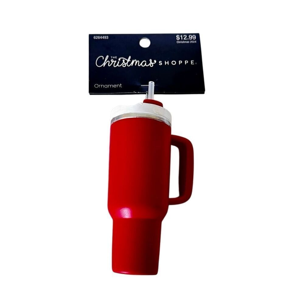 Red Christmas Shoppe Tumbler Ornament W White Lid & Straw NWT See Detail
